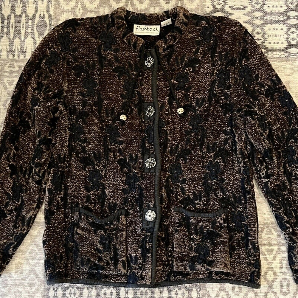 Vintage Flashback Tapestry Coat Blazer Jacket Boho Festival Wood Button Medium
